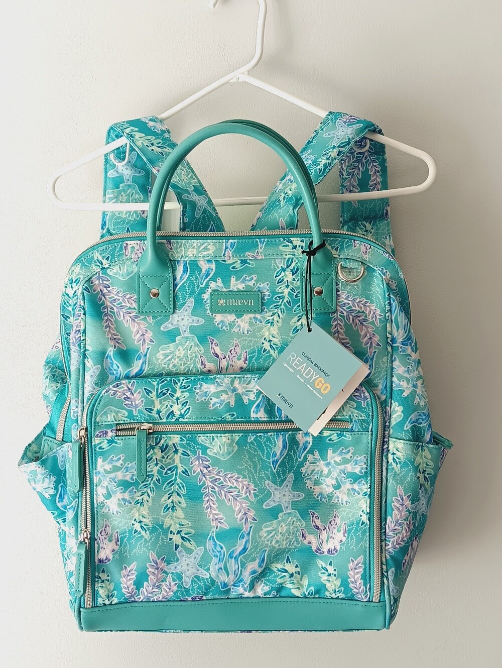 Maevn ReadyGO Nurse Clinical Backpack Tote Seafoam Aqua White Starfish Ocean